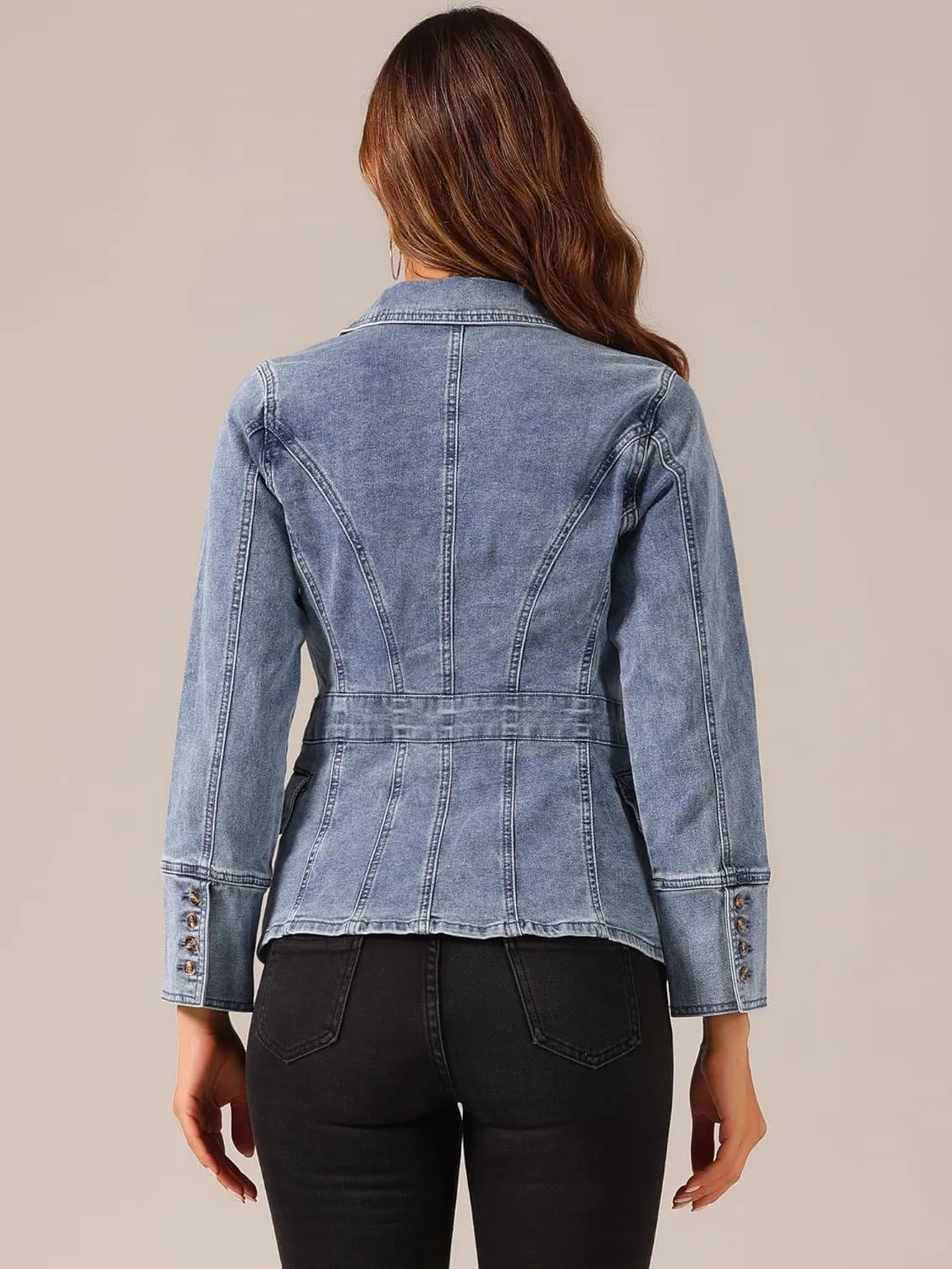 Allegra K Women's Jean Jacket Button Down Notched Lapel Long Sleeve Work Office Denim Blazer Jacket