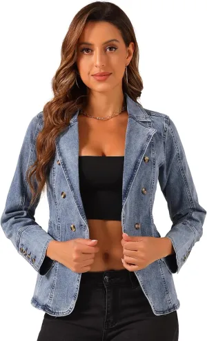 Allegra K Women's Jean Jacket Button Down Notched Lapel Long Sleeve Work Office Denim Blazer Jacket