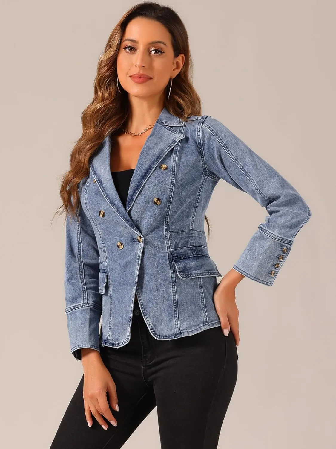 Allegra K Women's Jean Jacket Button Down Notched Lapel Long Sleeve Work Office Denim Blazer Jacket