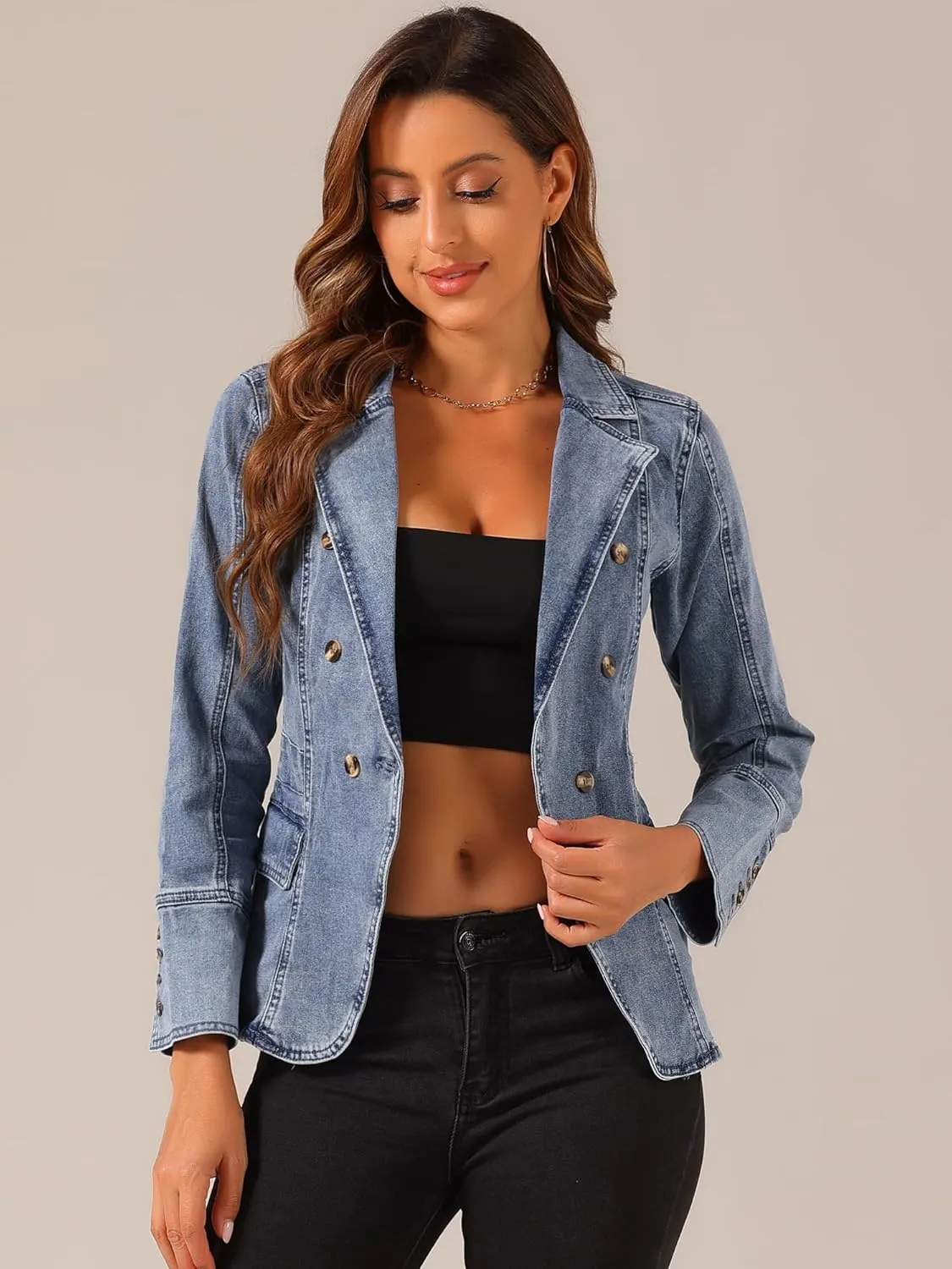Allegra K Women's Jean Jacket Button Down Notched Lapel Long Sleeve Work Office Denim Blazer Jacket