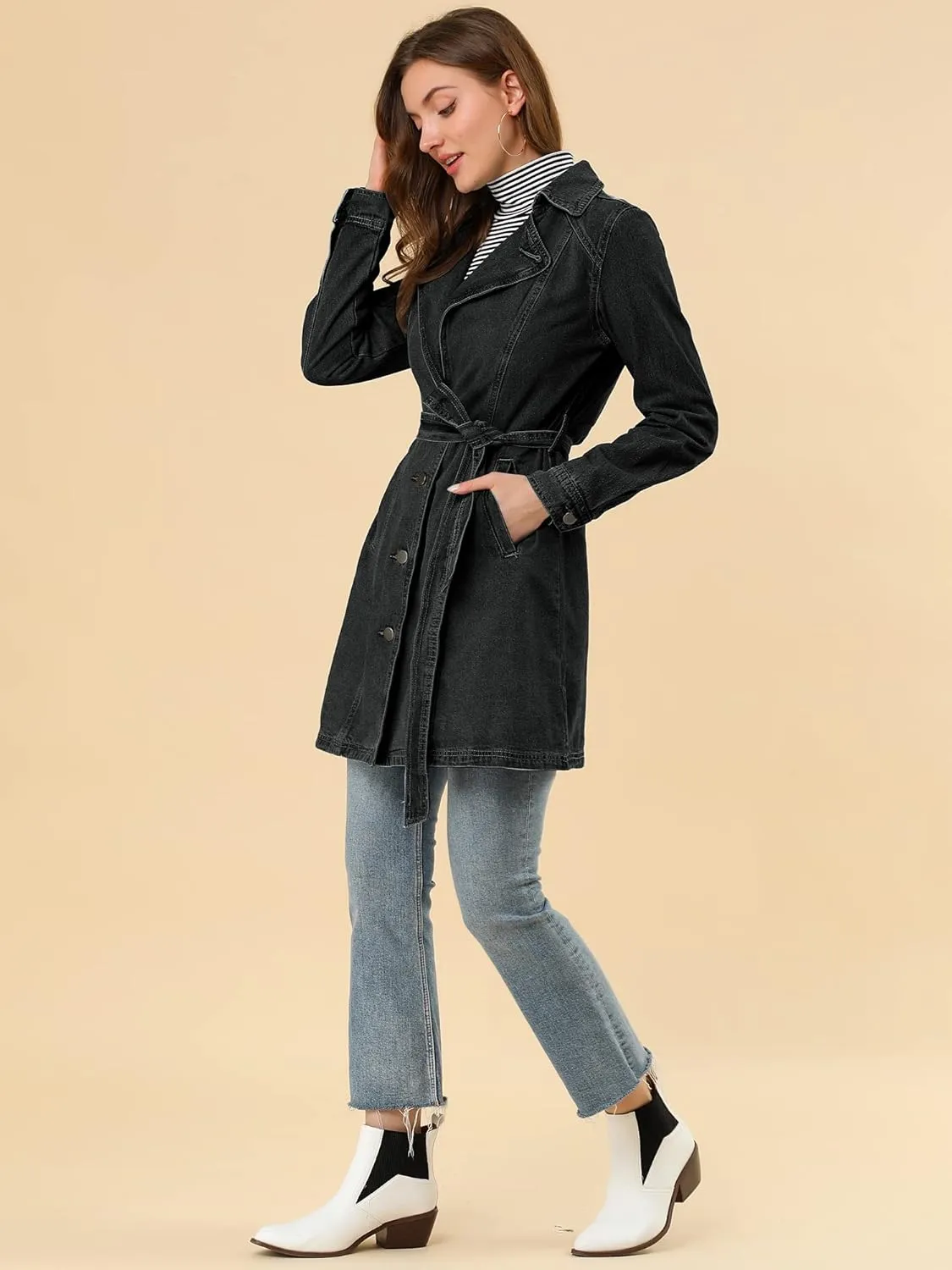 Allegra K Women's Trench Jean Jackets Notched Lapel Midi Denim Jacket