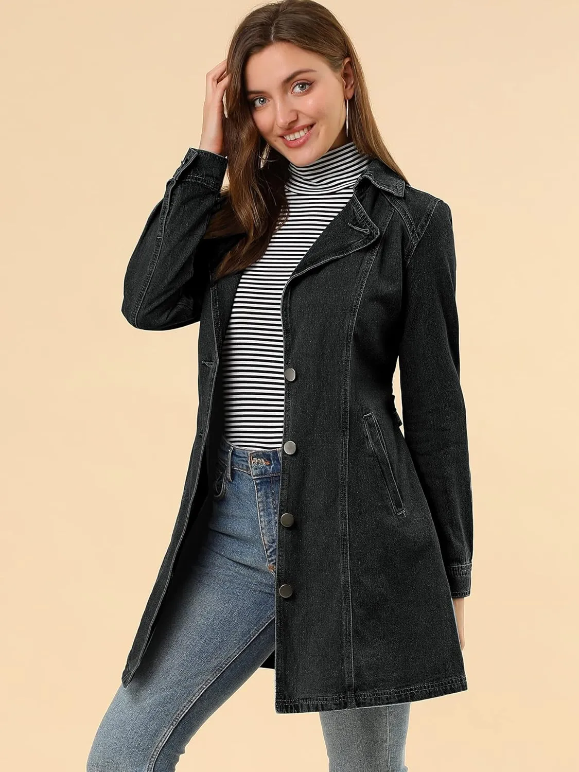 Allegra K Women's Trench Jean Jackets Notched Lapel Midi Denim Jacket