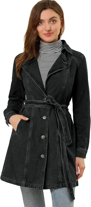 Allegra K Women's Trench Jean Jackets Notched Lapel Midi Denim Jacket