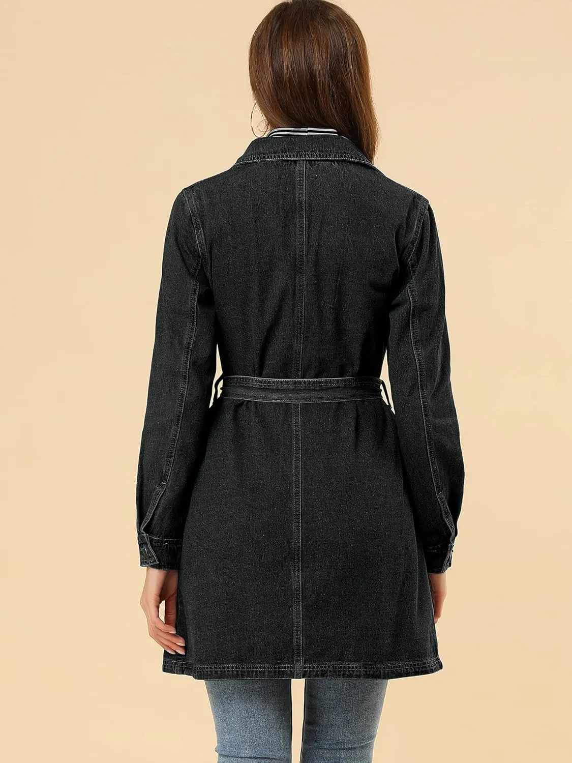 Allegra K Women's Trench Jean Jackets Notched Lapel Midi Denim Jacket