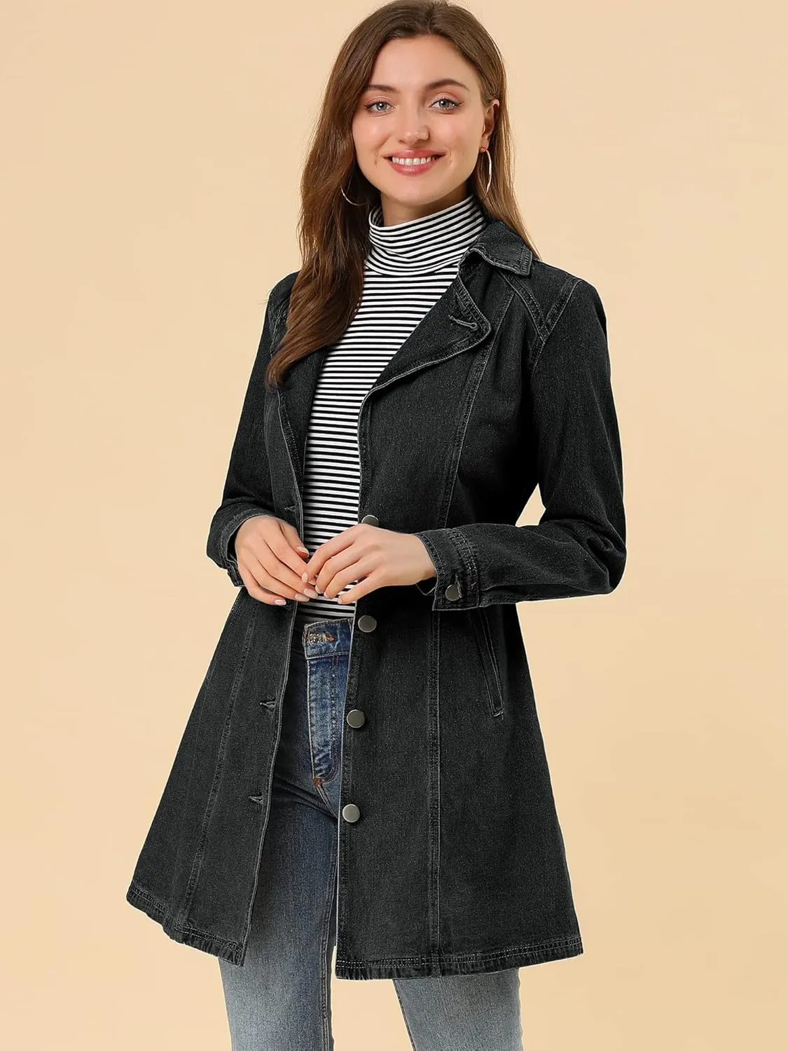 Allegra K Women's Trench Jean Jackets Notched Lapel Midi Denim Jacket