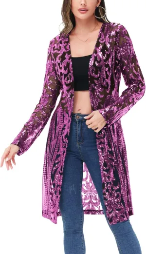 Anna-Kaci Women's Sparkly Sequin Cardigan Long Sleeve Open Front Glitter Kimono