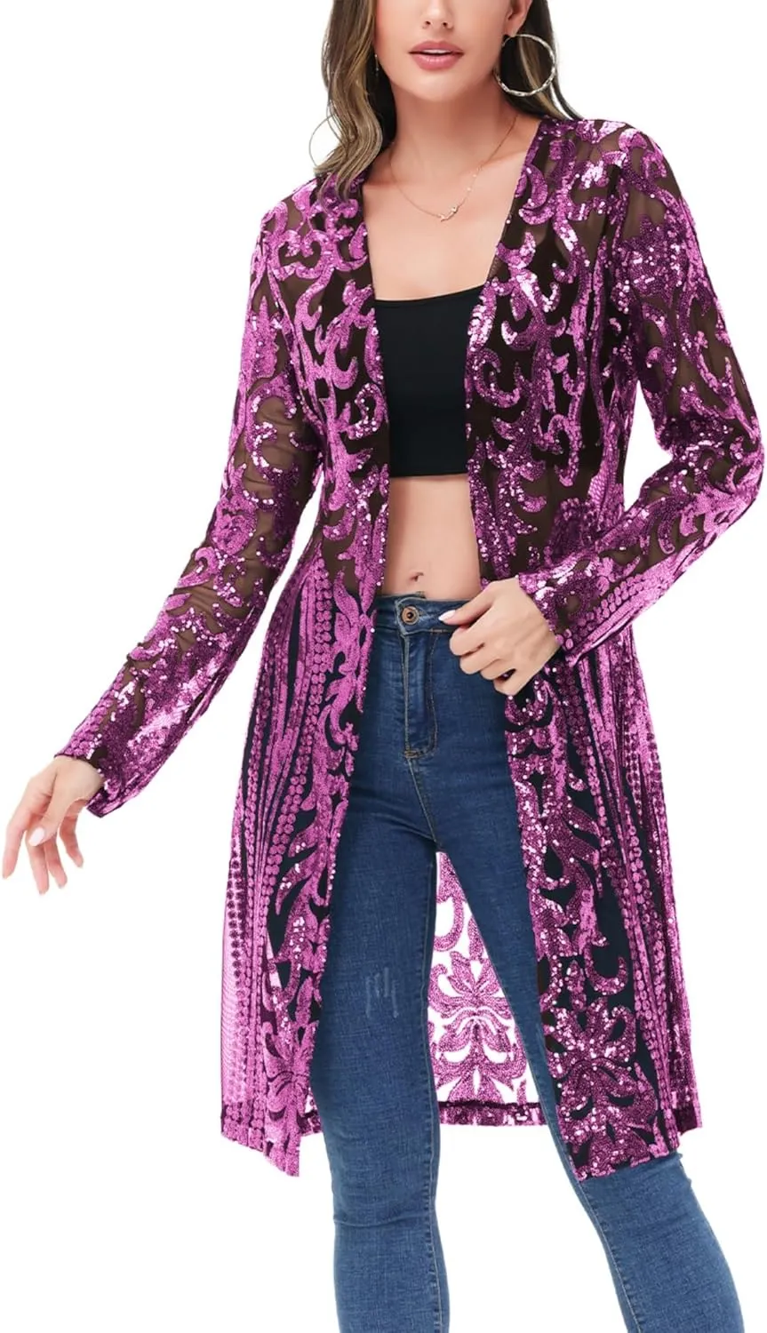 Anna-Kaci Women's Sparkly Sequin Cardigan Long Sleeve Open Front Glitter Kimono