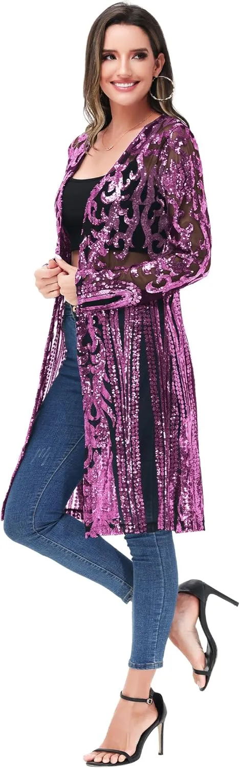 Anna-Kaci Women's Sparkly Sequin Cardigan Long Sleeve Open Front Glitter Kimono