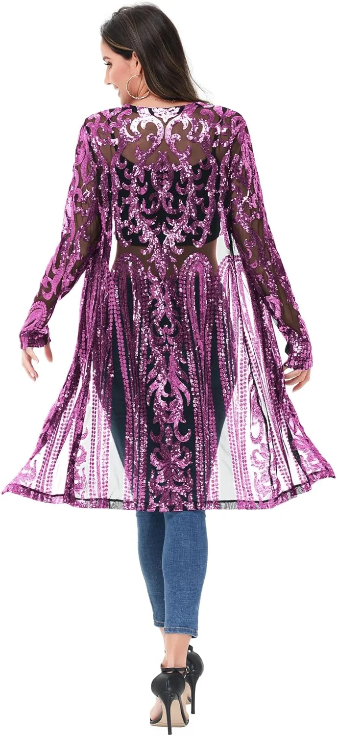 Anna-Kaci Women's Sparkly Sequin Cardigan Long Sleeve Open Front Glitter Kimono