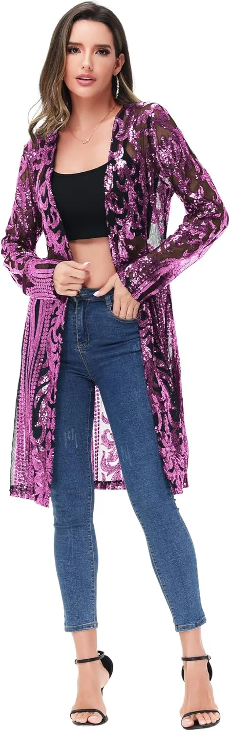 Anna-Kaci Women's Sparkly Sequin Cardigan Long Sleeve Open Front Glitter Kimono
