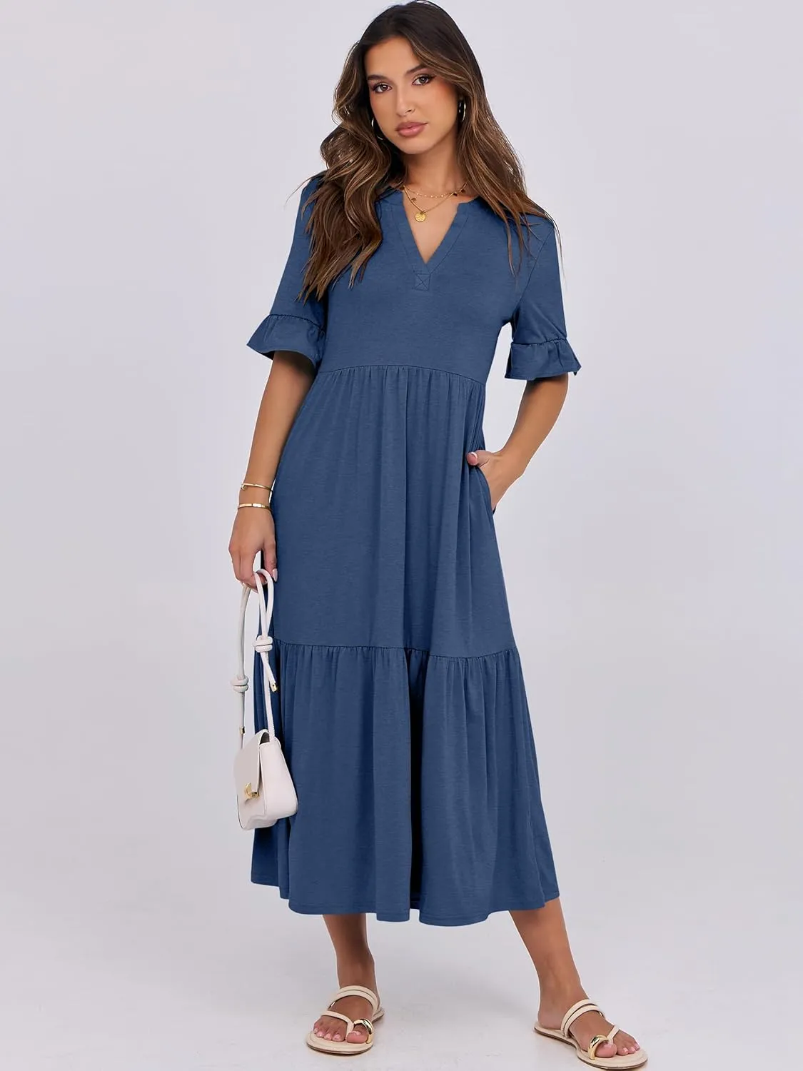 ANRABESS Women's Casual Summer Ruffle Short Sleeve T Shirts Maxi Dress 2025 Spring V Neck Flowy Tiered Boho Beach Dresses