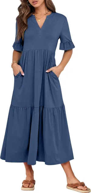 ANRABESS Women's Casual Summer Ruffle Short Sleeve T Shirts Maxi Dress 2025 Spring V Neck Flowy Tiered Boho Beach Dresses