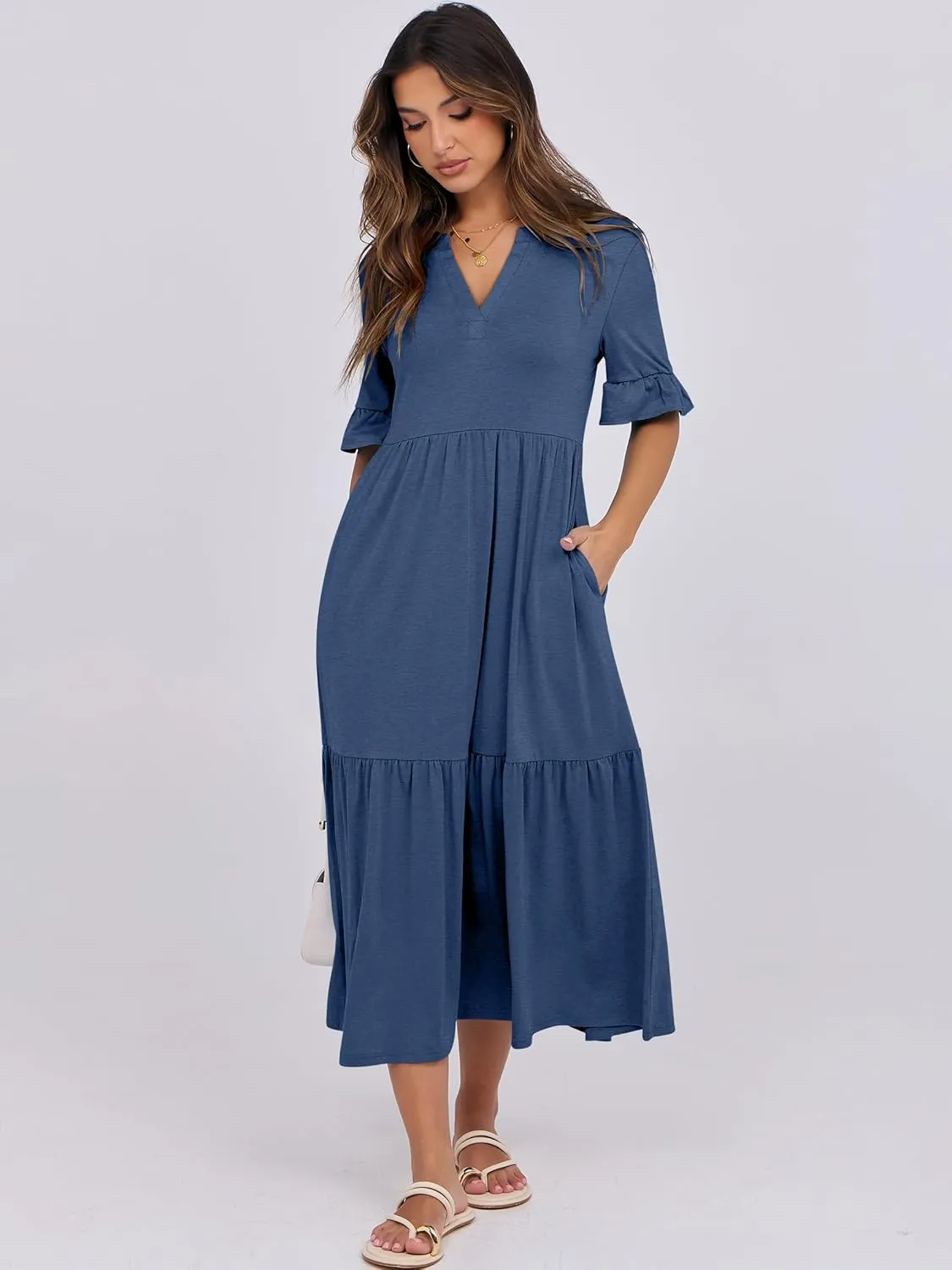 ANRABESS Women's Casual Summer Ruffle Short Sleeve T Shirts Maxi Dress 2025 Spring V Neck Flowy Tiered Boho Beach Dresses
