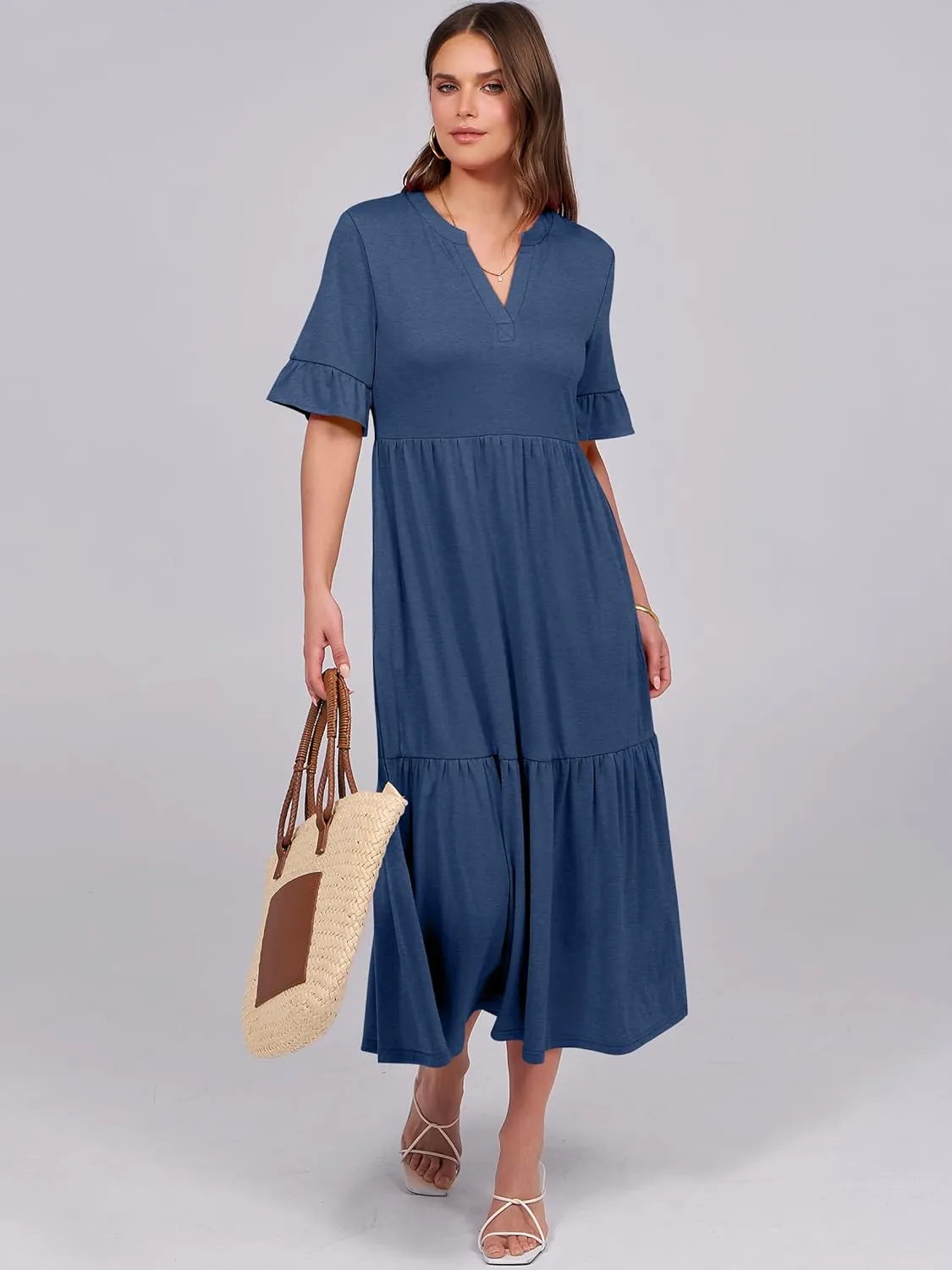 ANRABESS Women's Casual Summer Ruffle Short Sleeve T Shirts Maxi Dress 2025 Spring V Neck Flowy Tiered Boho Beach Dresses