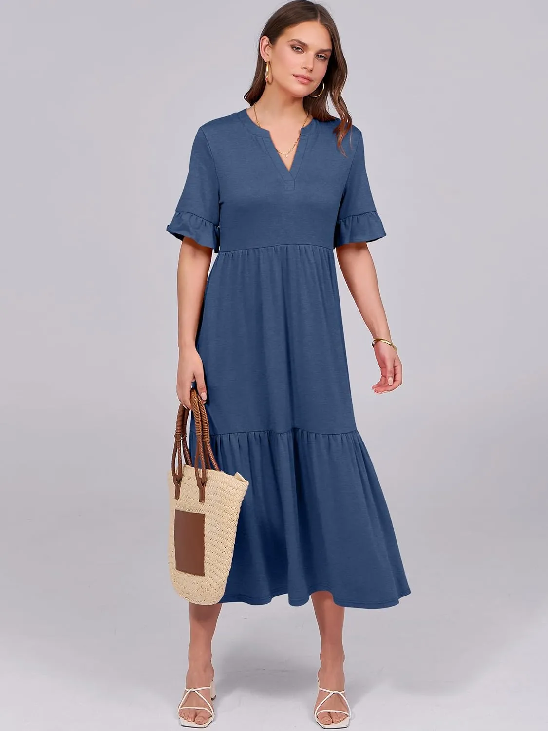 ANRABESS Women's Casual Summer Ruffle Short Sleeve T Shirts Maxi Dress 2025 Spring V Neck Flowy Tiered Boho Beach Dresses