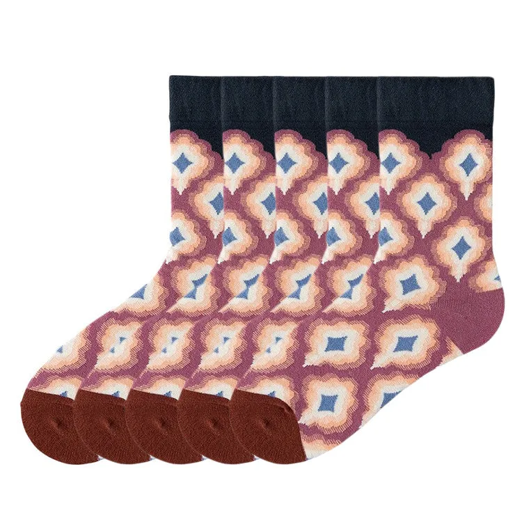 Anysox 5 Pairs Rosewood Size 5-9 Fashion Socks High-Quality Office Sports Business Long Socks Cotton Solid Colors Skateboard Knitted Casual