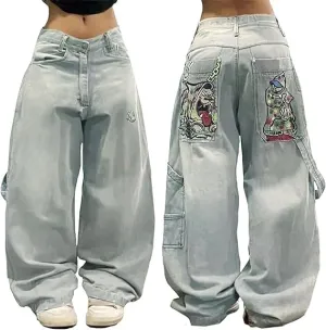 Baggy Y2k Jeans Women Men Hip Hop Goth Street Jeans with Skeleton Print Vintage High Waist Denim Wide Leg Pants Street Wear