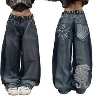 Baggy Y2k Jeans Women Men Hip Hop Goth Street Jeans with Skeleton Print Vintage High Waist Denim Wide Leg Pants Street Wear