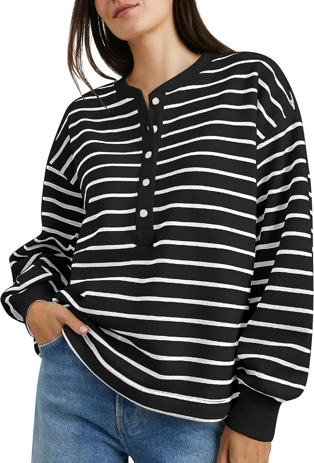 BAIGRAM Women Oversized Crewneck Striped Sweatshirt Half Button Down Pullover Top Long Sleeve Shirts Preppy Fall Outfits