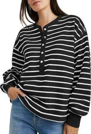 BAIGRAM Women Oversized Crewneck Striped Sweatshirt Half Button Down Pullover Top Long Sleeve Shirts Preppy Fall Outfits