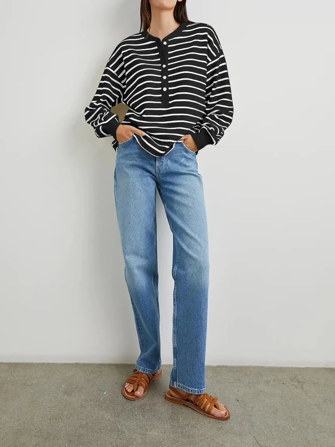 BAIGRAM Women Oversized Crewneck Striped Sweatshirt Half Button Down Pullover Top Long Sleeve Shirts Preppy Fall Outfits