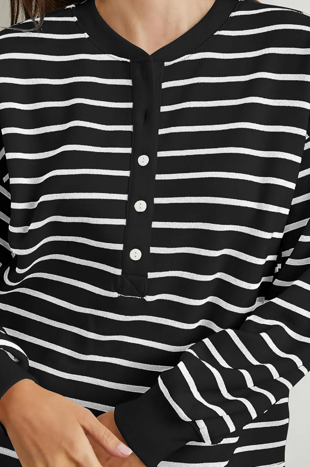 BAIGRAM Women Oversized Crewneck Striped Sweatshirt Half Button Down Pullover Top Long Sleeve Shirts Preppy Fall Outfits
