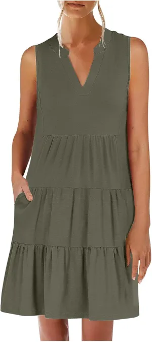 Beach Dresses for Women 2025 Vacation Sleeveless V Neck Flowy Mini Dress Fashion Ruffle Summer Sundress with Pockets