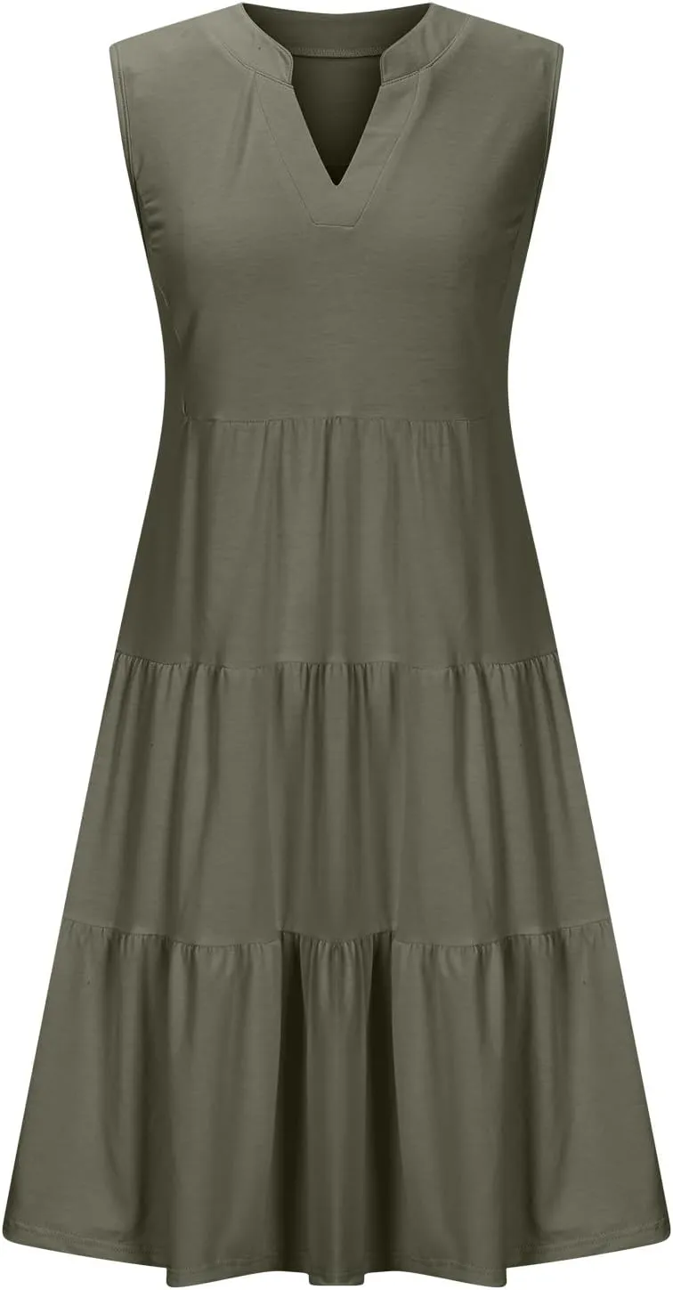 Beach Dresses for Women 2025 Vacation Sleeveless V Neck Flowy Mini Dress Fashion Ruffle Summer Sundress with Pockets