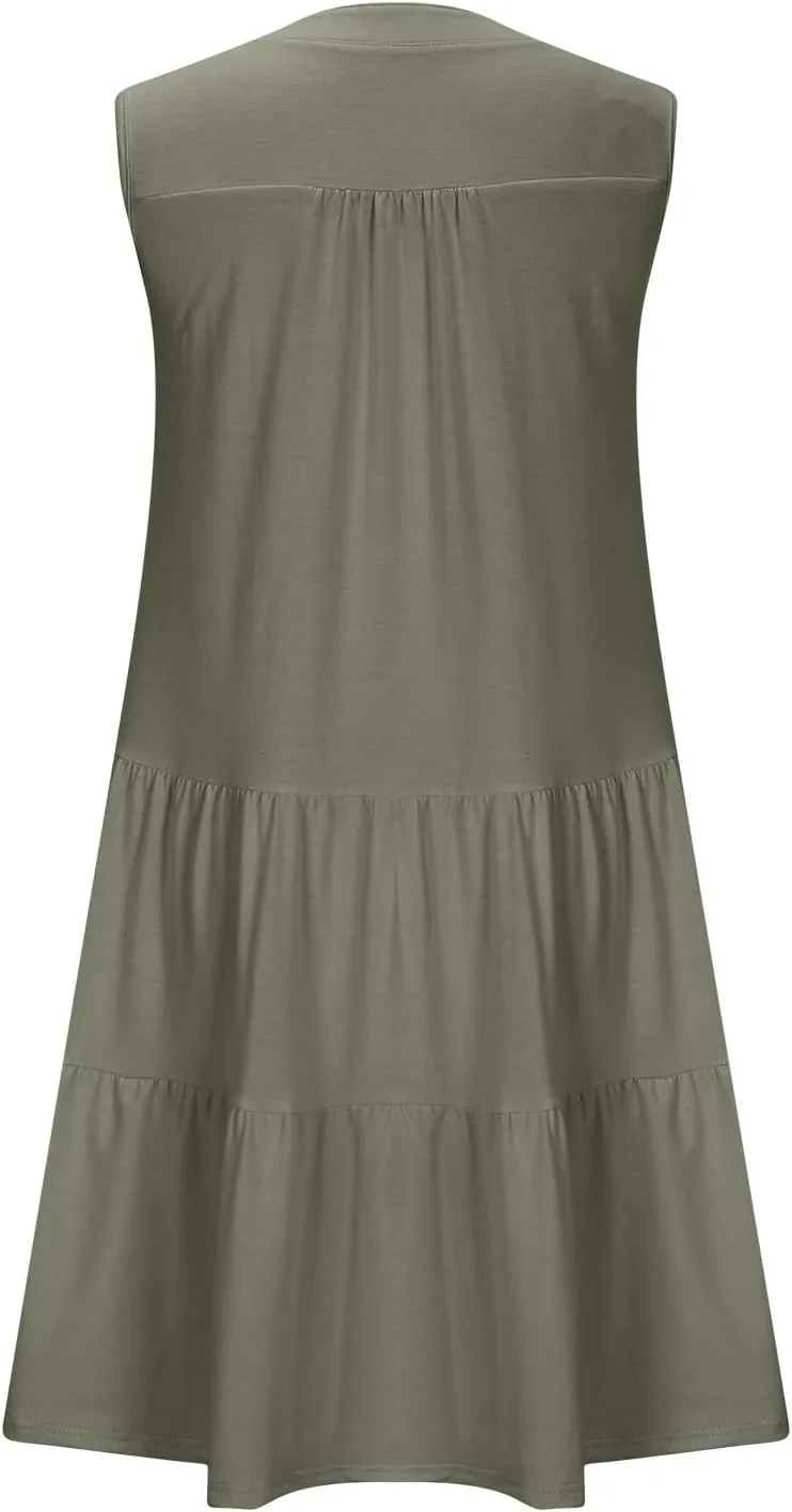 Beach Dresses for Women 2025 Vacation Sleeveless V Neck Flowy Mini Dress Fashion Ruffle Summer Sundress with Pockets