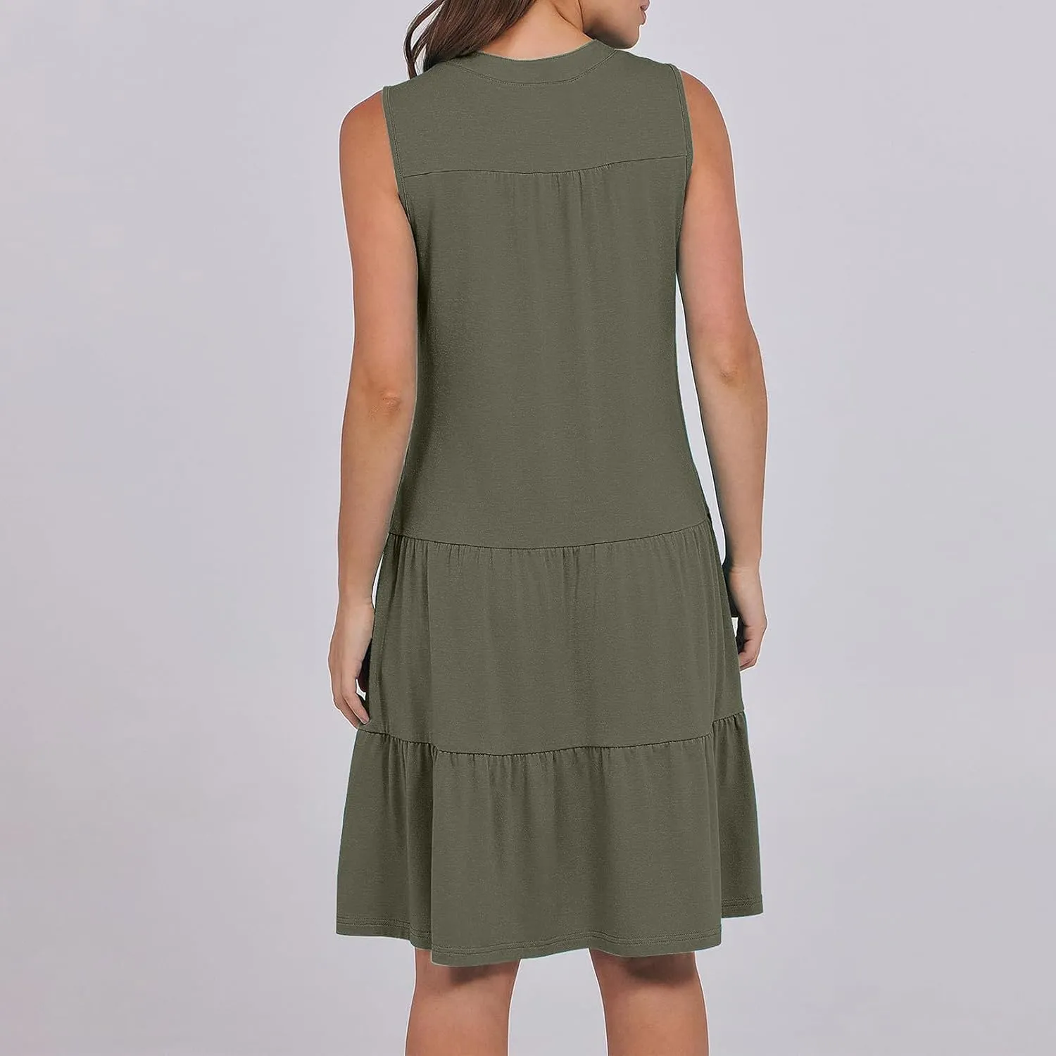 Beach Dresses for Women 2025 Vacation Sleeveless V Neck Flowy Mini Dress Fashion Ruffle Summer Sundress with Pockets