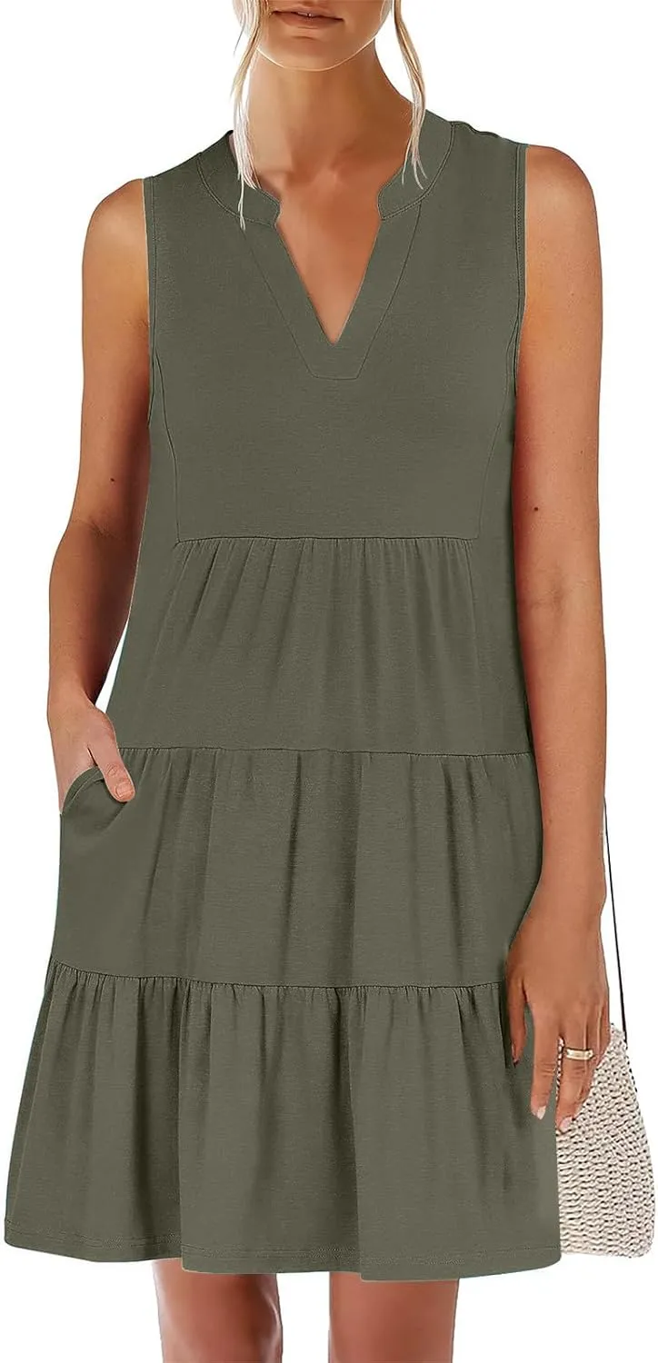 Beach Dresses for Women 2025 Vacation Sleeveless V Neck Flowy Mini Dress Fashion Ruffle Summer Sundress with Pockets