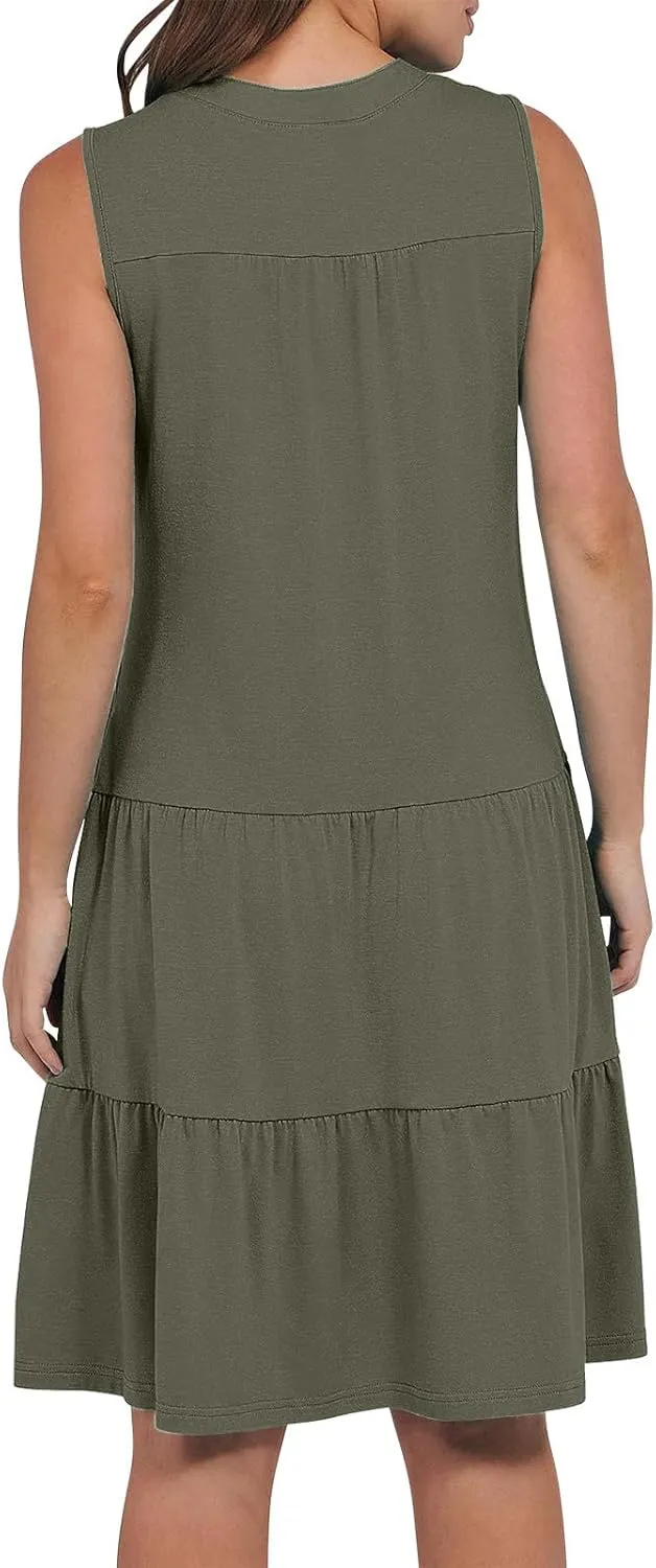 Beach Dresses for Women 2025 Vacation Sleeveless V Neck Flowy Mini Dress Fashion Ruffle Summer Sundress with Pockets