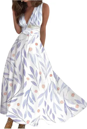 Beach Dresses for Women Deep V Neck Elegant Sleeveless Long Dress Casual Floral Sexy Dresses Maxi Cute Swing Dress