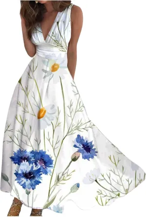 Beach Dresses for Women Deep V Neck Elegant Sleeveless Long Dress Casual Floral Sexy Dresses Maxi Cute Swing Dress
