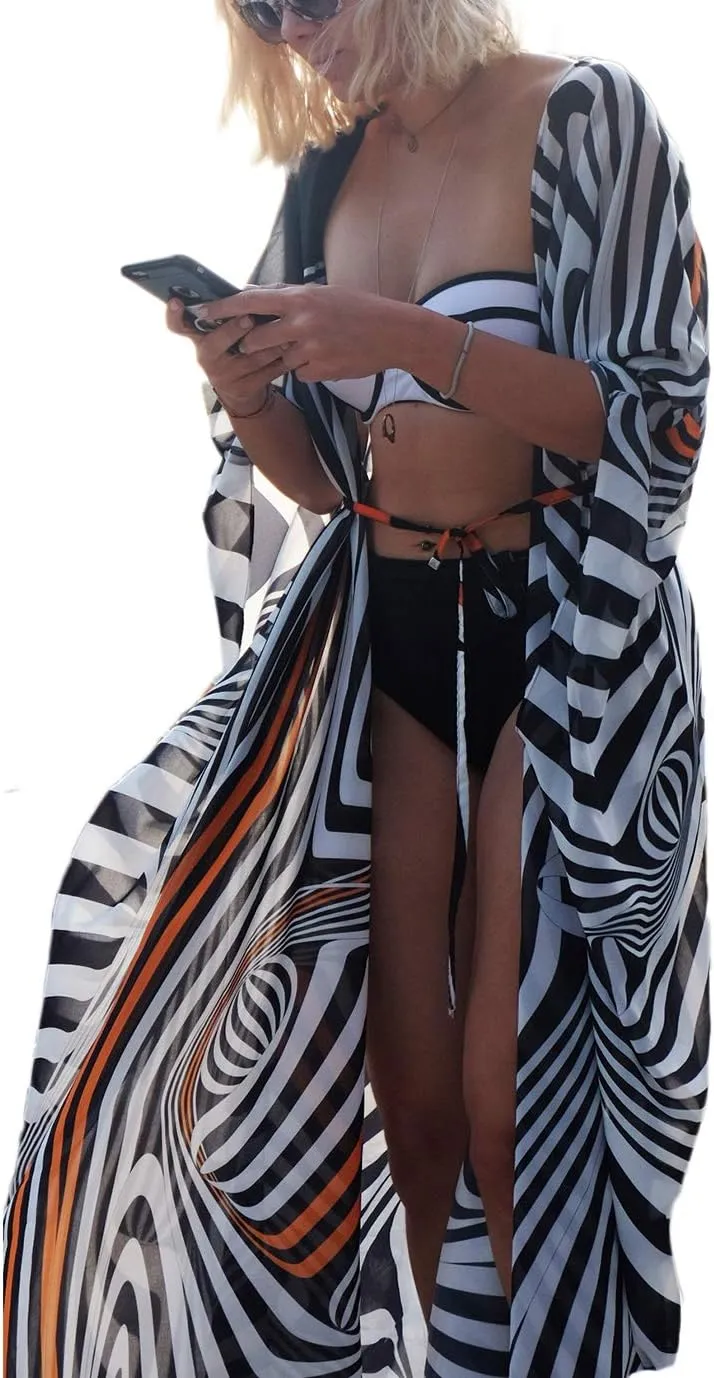 Beach Kimono Cardigans for Women Open Front Swimsuit Cover Up Graphic Print Bathing Suit