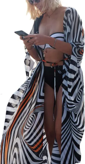 Beach Kimono Cardigans for Women Open Front Swimsuit Cover Up Graphic Print Bathing Suit