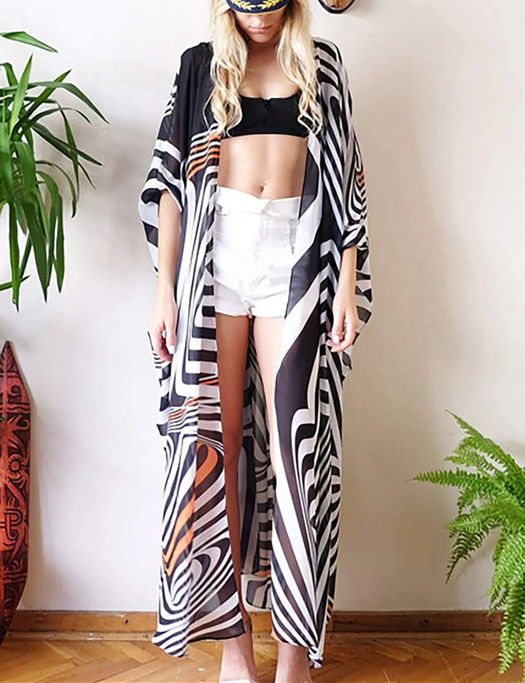 Beach Kimono Cardigans for Women Open Front Swimsuit Cover Up Graphic Print Bathing Suit
