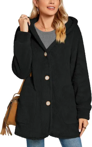 Bestbee Warm Fleece Jackets for Women, Plus Size Fuzzy Hooded Casual Coats Lidies 2024 Cardigan Sweaters Outerwear with Pockets, 2XL, Black