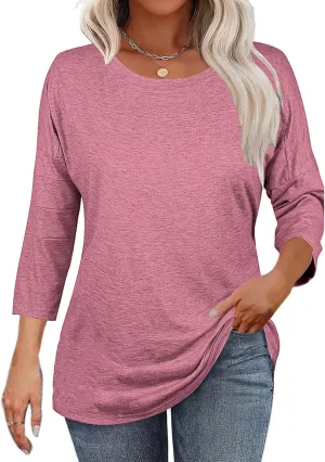 Bluetime Women Round Neck 3/4 Sleeve Tops Casual Loose Tunic Tops Solid Color Summer Fall Basic Shirt Blouses