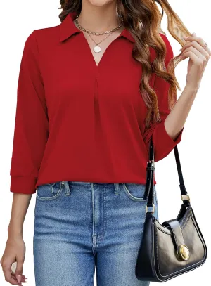 Bluetime Womens Tops Dressy Casual Collared V Neck 3/4 Sleeve Shirts Office Professional Work Blouses Loose Fit Tunic Tops
