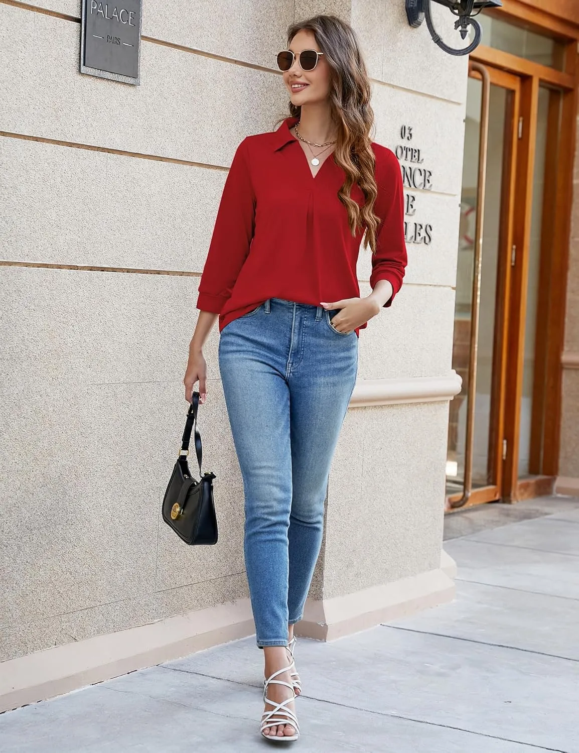 Bluetime Womens Tops Dressy Casual Collared V Neck 3/4 Sleeve Shirts Office Professional Work Blouses Loose Fit Tunic Tops