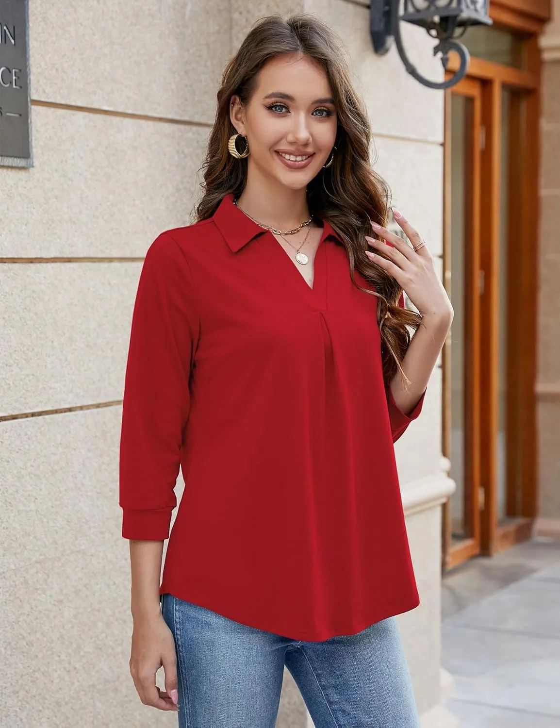 Bluetime Womens Tops Dressy Casual Collared V Neck 3/4 Sleeve Shirts Office Professional Work Blouses Loose Fit Tunic Tops