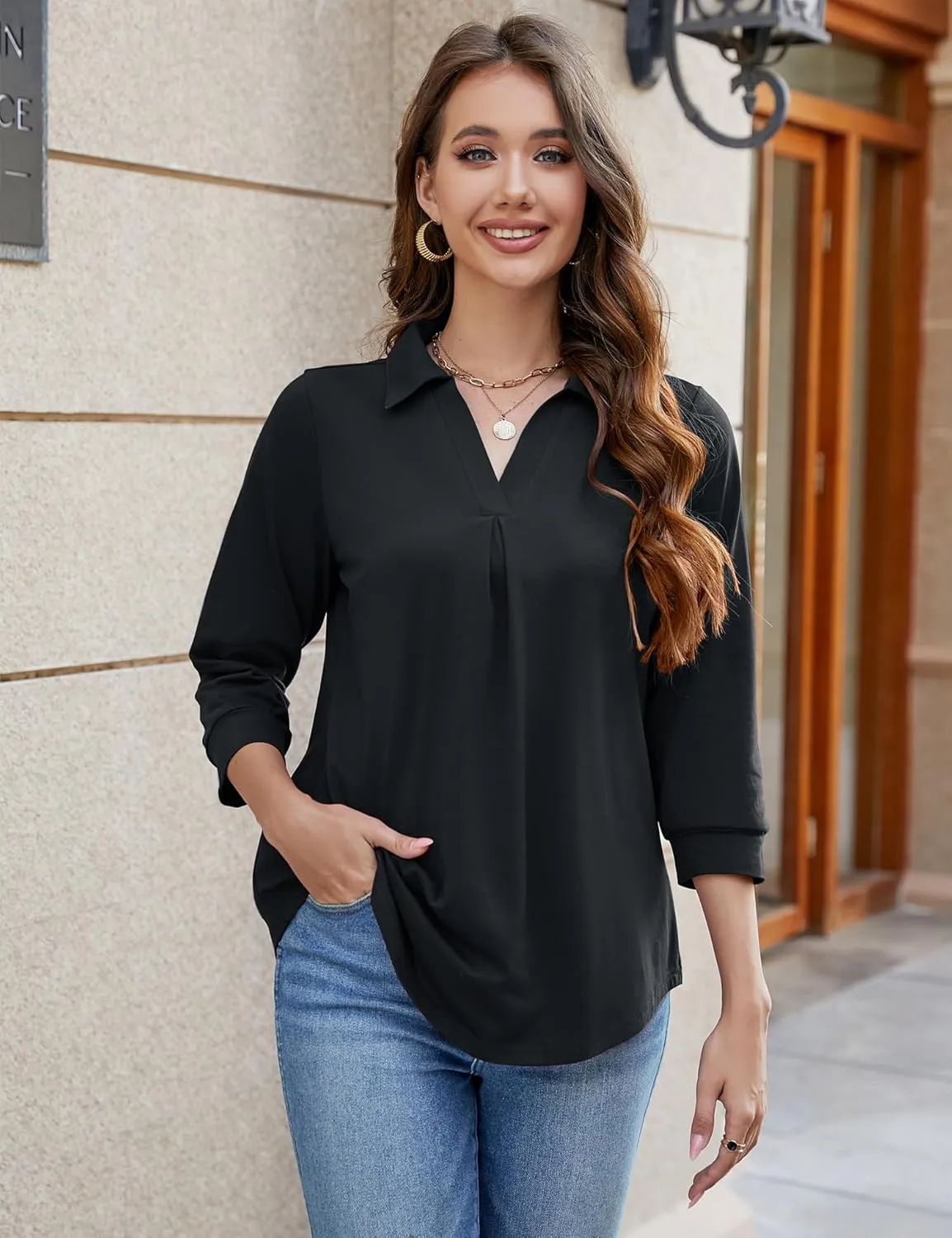 Bluetime Womens Tops Dressy Casual Collared V Neck 3/4 Sleeve Shirts Office Professional Work Blouses Loose Fit Tunic Tops