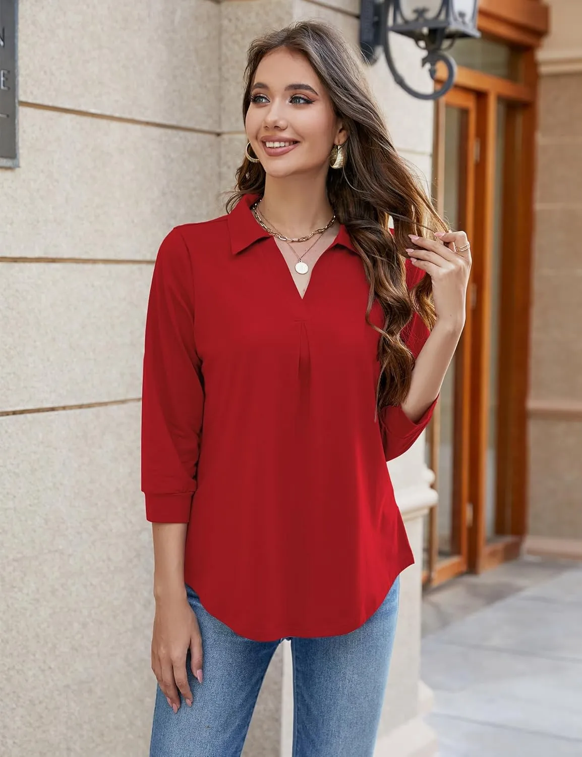 Bluetime Womens Tops Dressy Casual Collared V Neck 3/4 Sleeve Shirts Office Professional Work Blouses Loose Fit Tunic Tops