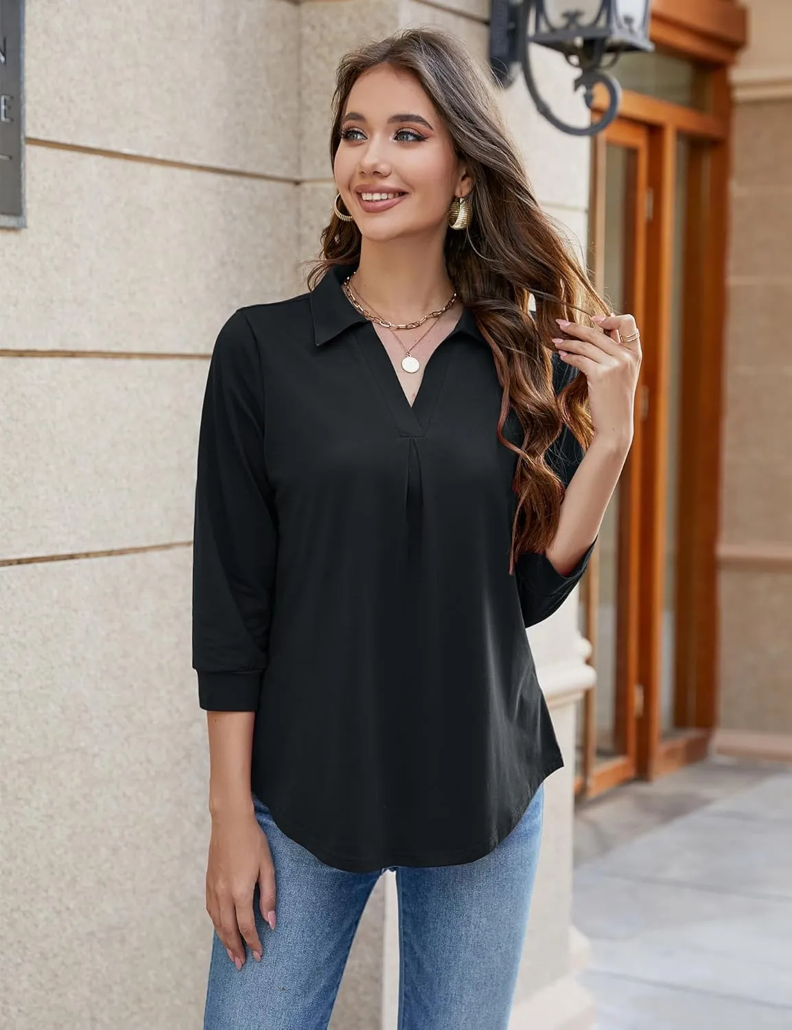 Bluetime Womens Tops Dressy Casual Collared V Neck 3/4 Sleeve Shirts Office Professional Work Blouses Loose Fit Tunic Tops