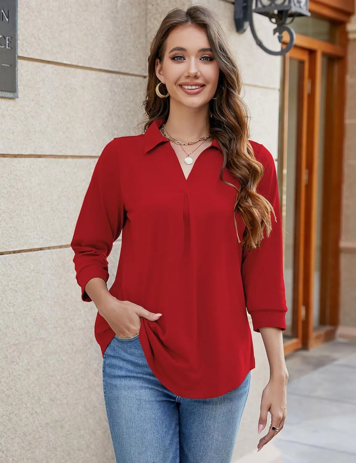 Bluetime Womens Tops Dressy Casual Collared V Neck 3/4 Sleeve Shirts Office Professional Work Blouses Loose Fit Tunic Tops