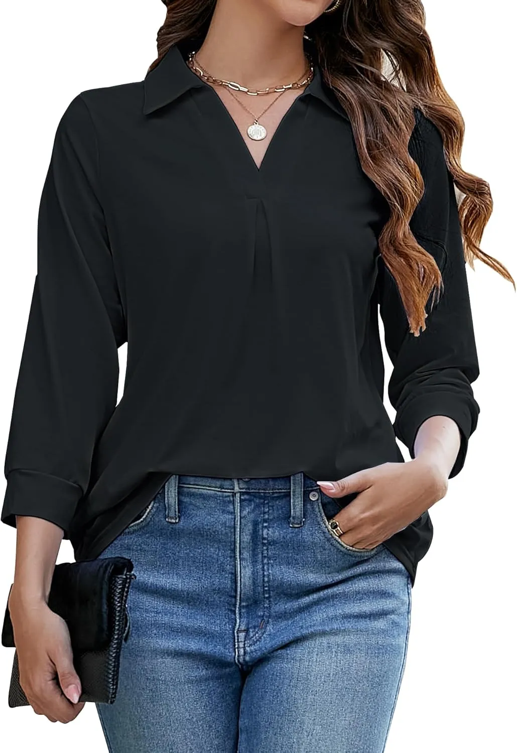 Bluetime Womens Tops Dressy Casual Collared V Neck 3/4 Sleeve Shirts Office Professional Work Blouses Loose Fit Tunic Tops
