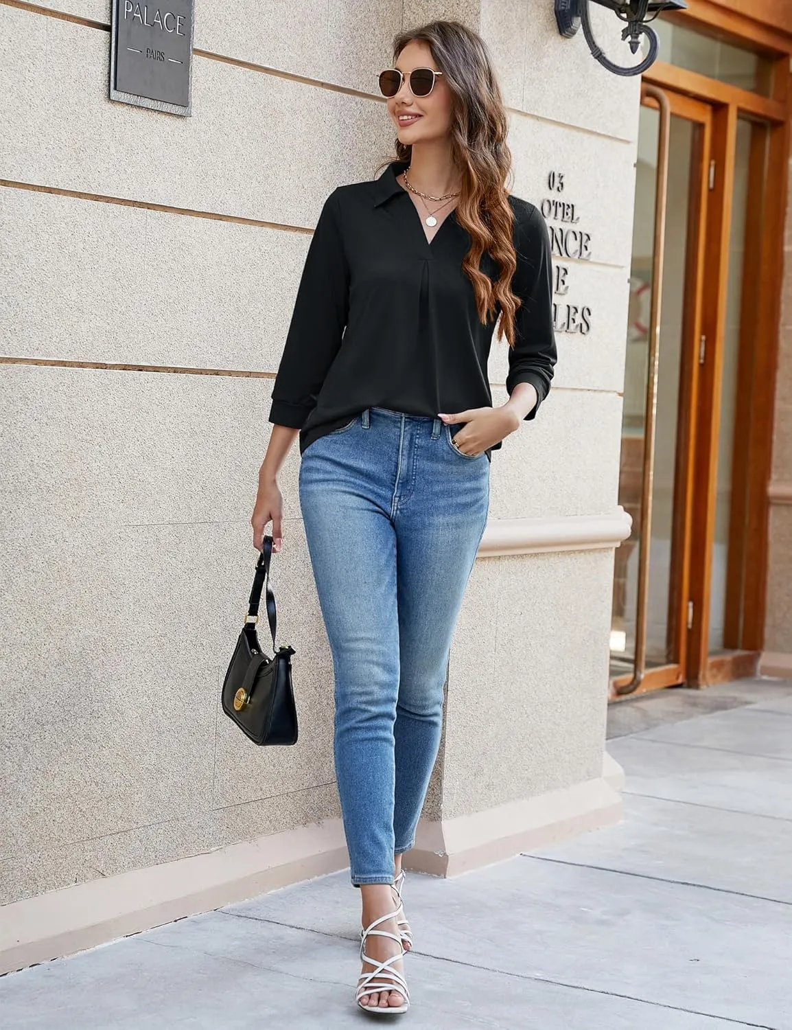 Bluetime Womens Tops Dressy Casual Collared V Neck 3/4 Sleeve Shirts Office Professional Work Blouses Loose Fit Tunic Tops