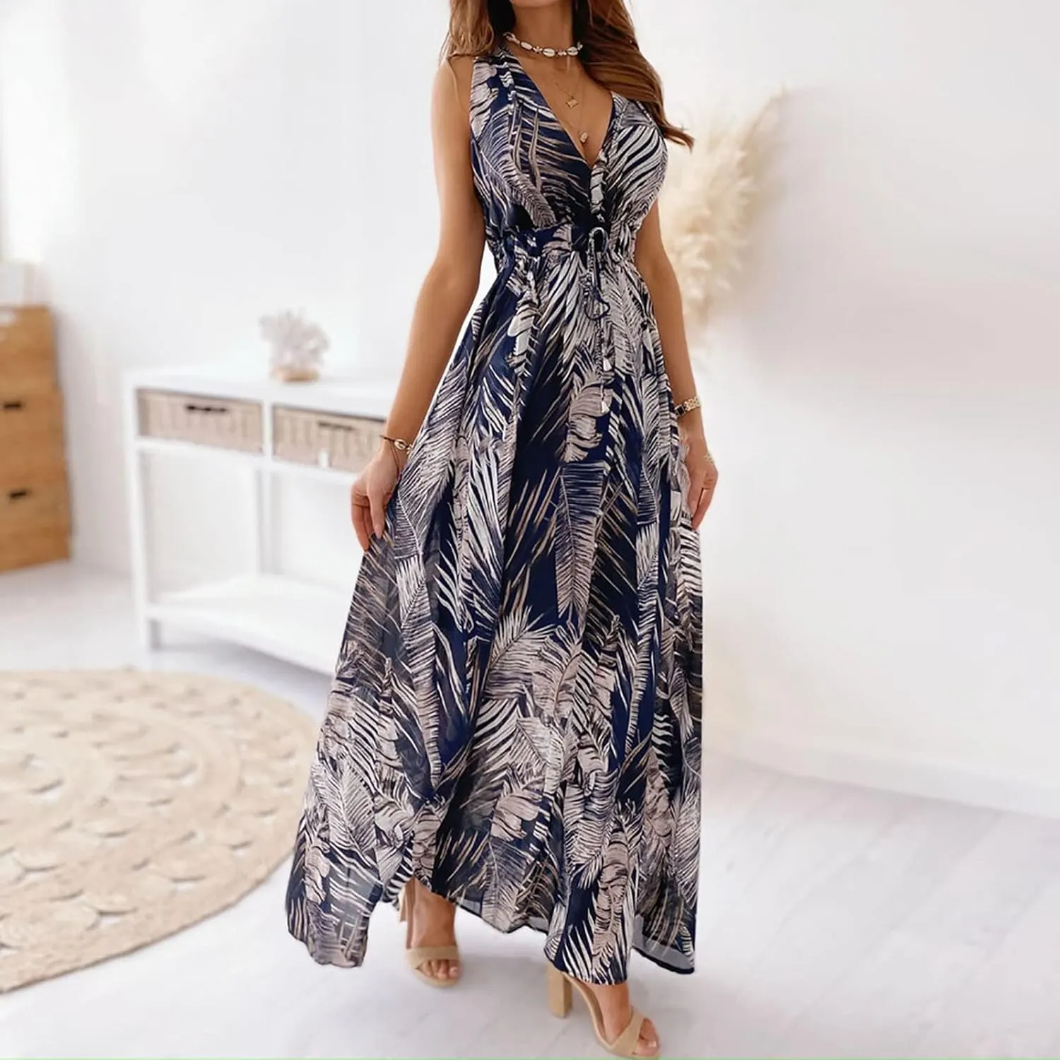 Boho Dress for Women Summer 2023 Deep V Neck Empire Waist Sundresses Flowy Maxi Dresses Hawaiian Bodycon
