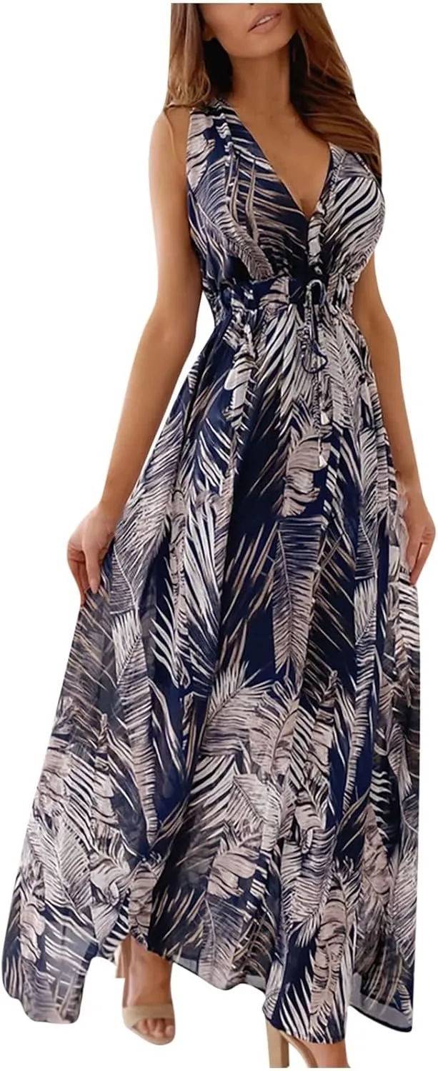 Boho Dress for Women Summer 2023 Deep V Neck Empire Waist Sundresses Flowy Maxi Dresses Hawaiian Bodycon